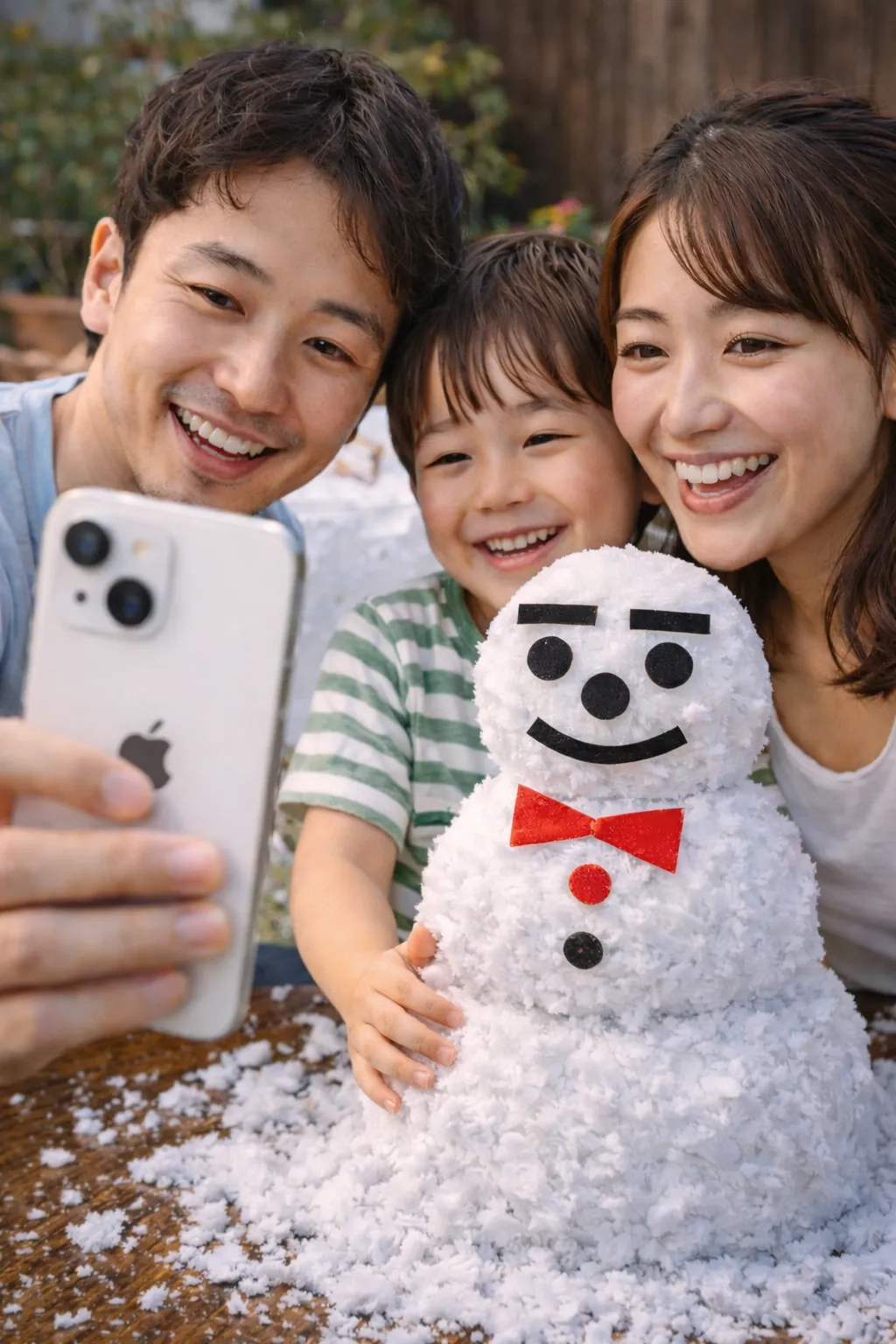 家族が雪で遊んでいる様子