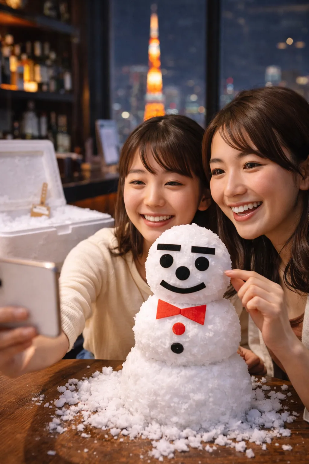 女性が雪で遊んでいる様子